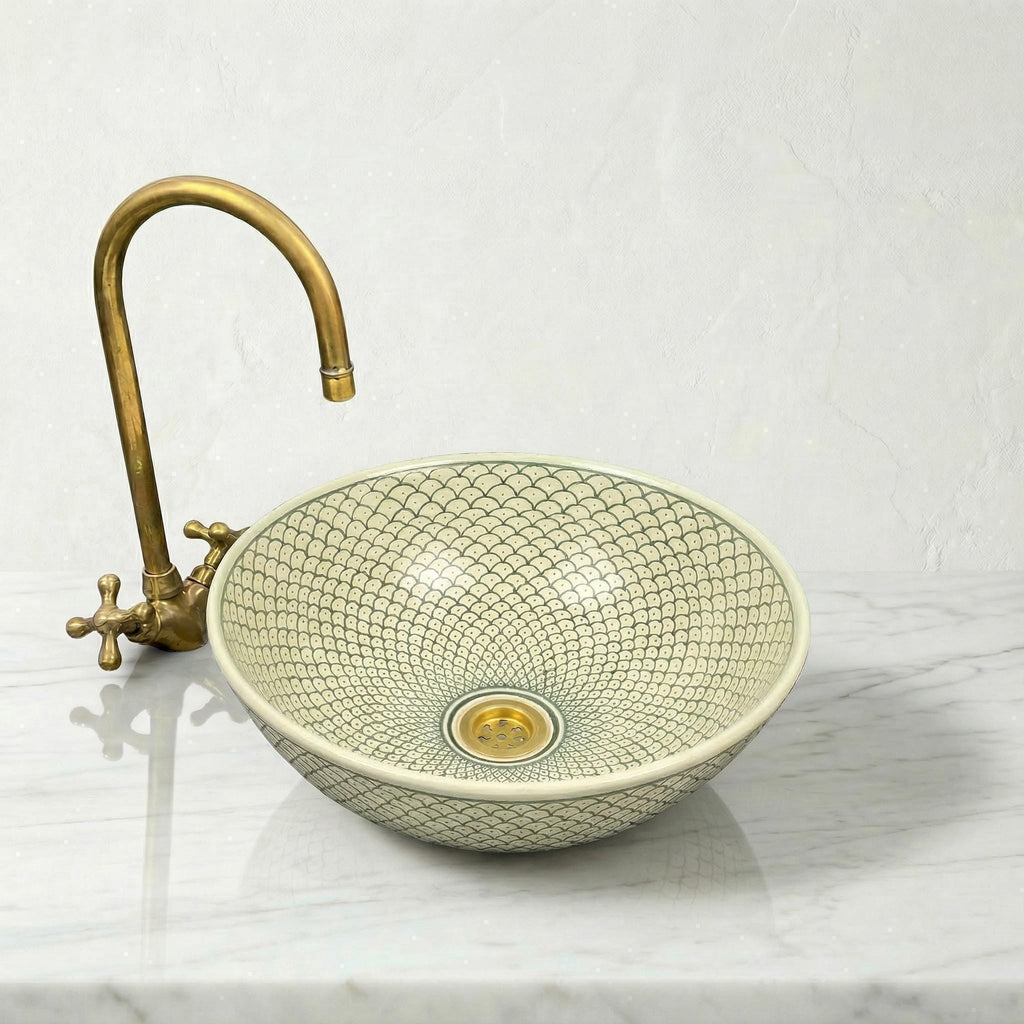 Moroccan Vessel Sink, Hand-Painted Burgundy Ceramic, 8-16" Round.