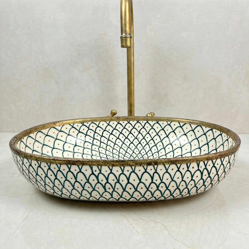 Teal Green Qchour Lhout Handmade Oval Ceramic Vessel Sink | High Gloss Porcelain Bathroom Basin