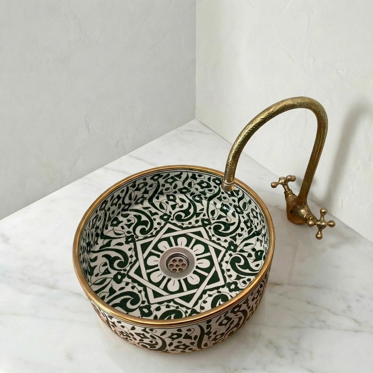 moroccan vessel sink, Emerald Oval Ceramic, 8-16in, 3.5in Brass,