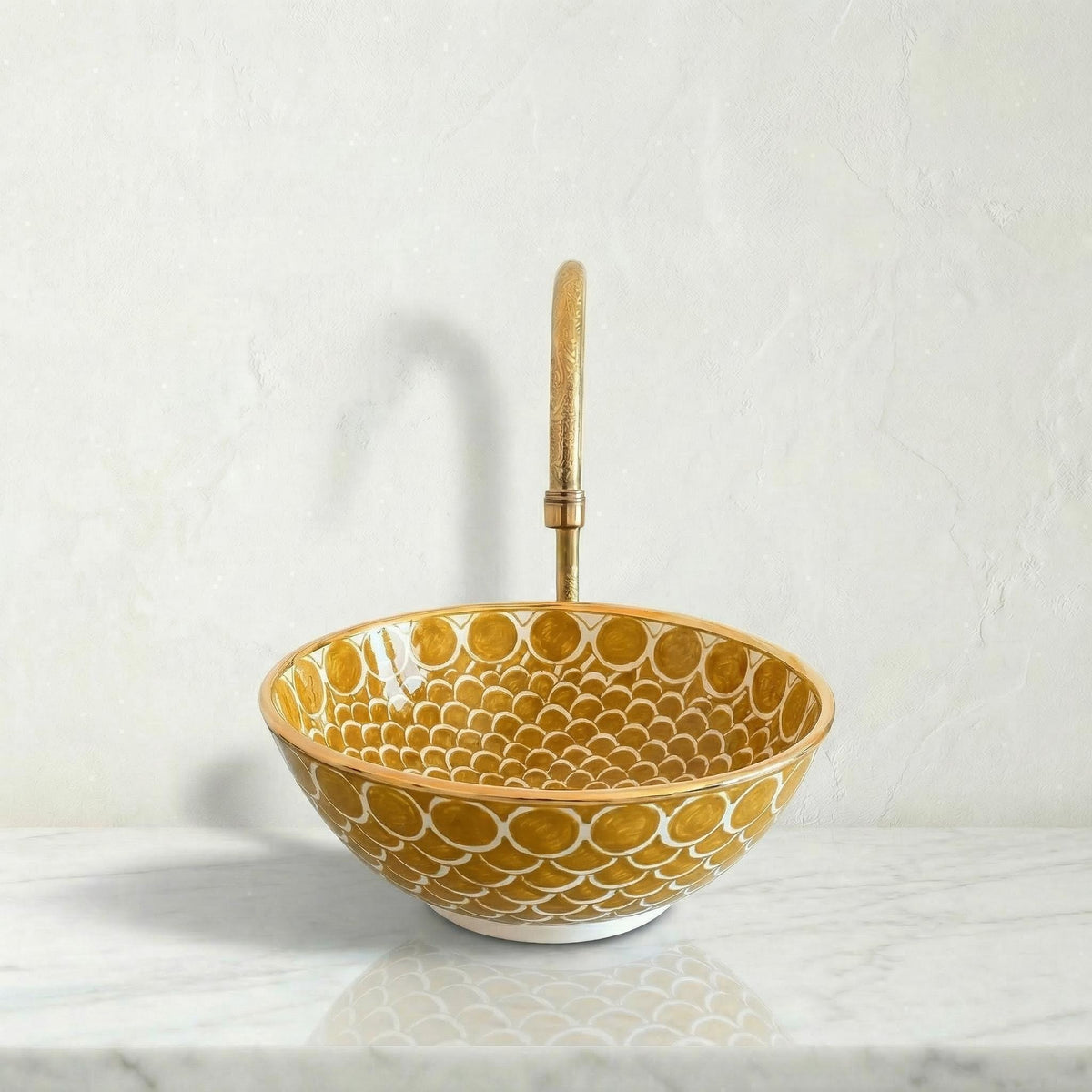 Moroccan Vessel Sink, Coral Pink Porcelain Basin, 14Kt Gold Rims.