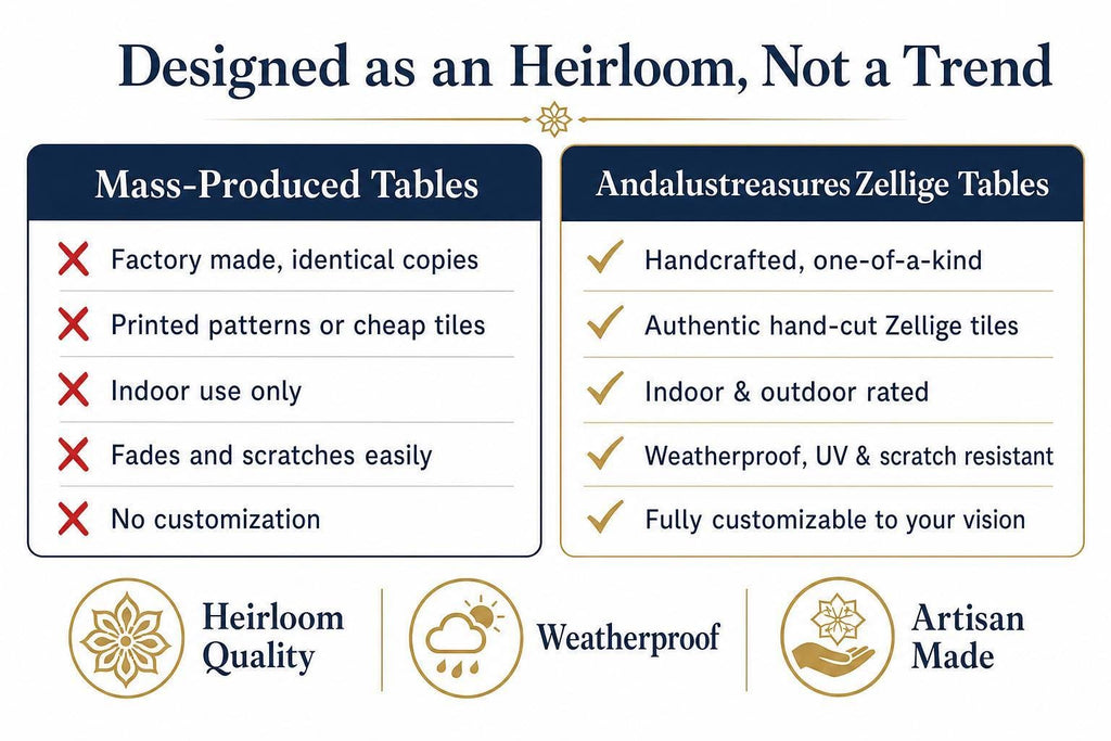 The image is a comparison between mass-produced tables and handcrafted, one-of-a-kind Zelliges tables. It highlights the differences in quality, craftsmanship, and customization between the two types of tables.