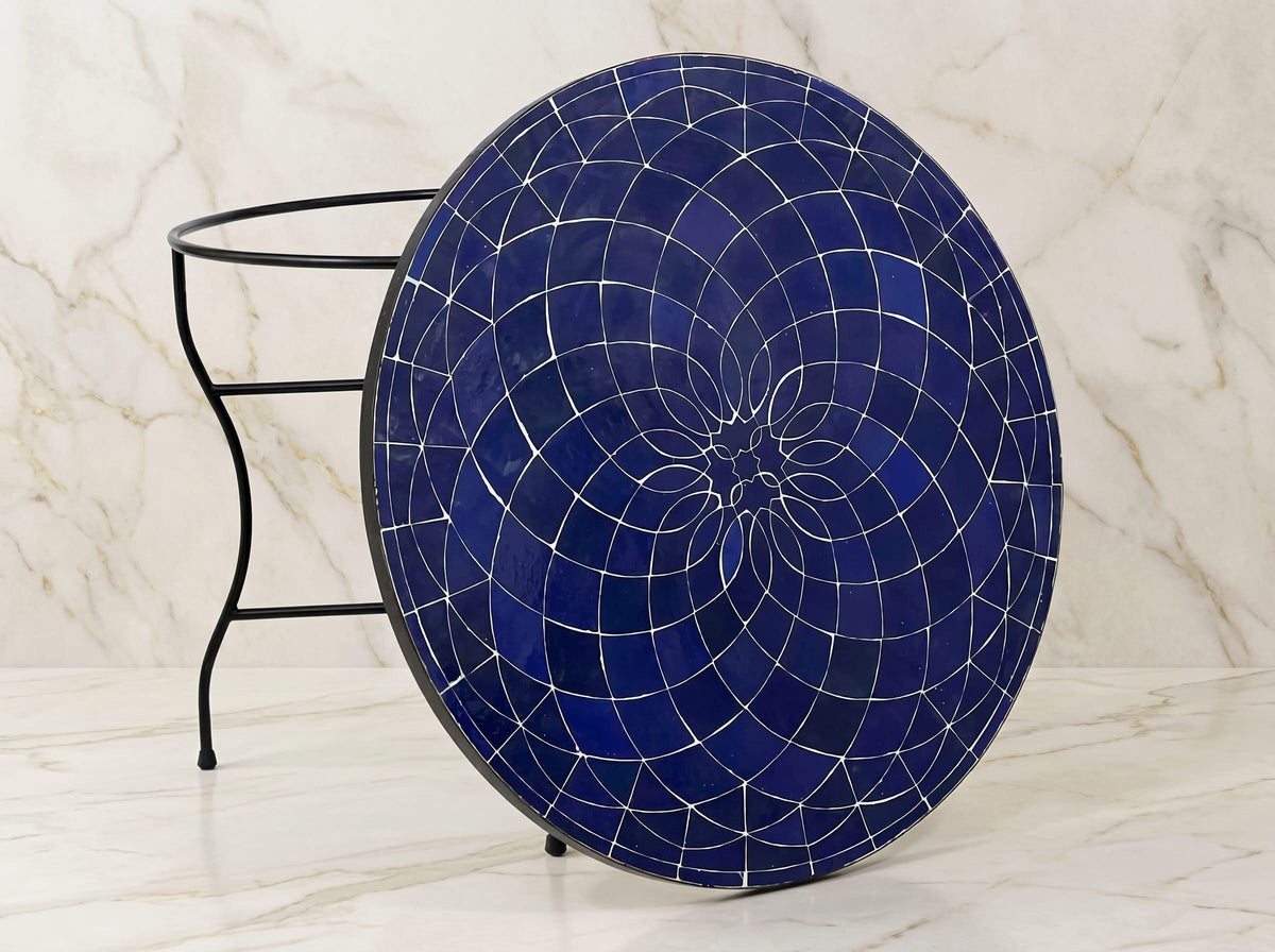 Zellige Mosaic Side Table, Sage Green Glazed Clay Top, Iron Base.