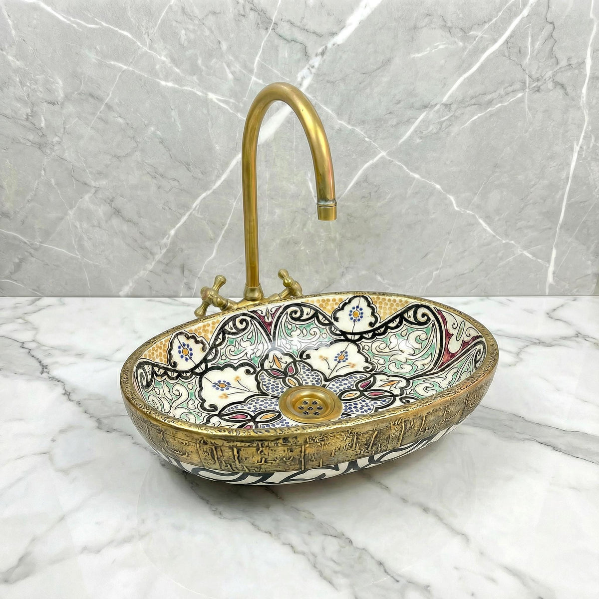 Oval Vessel Sink, Hand-Glazed Ceramic, Brass Drain Included, 40 Cm