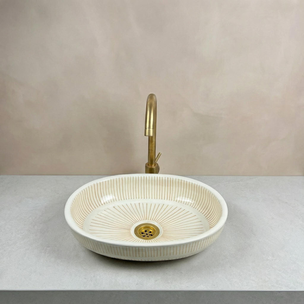 Fes Ceramic Washbasin' Oval Moroccan Vessel Sink, Handmade 40 cm Brass Drain