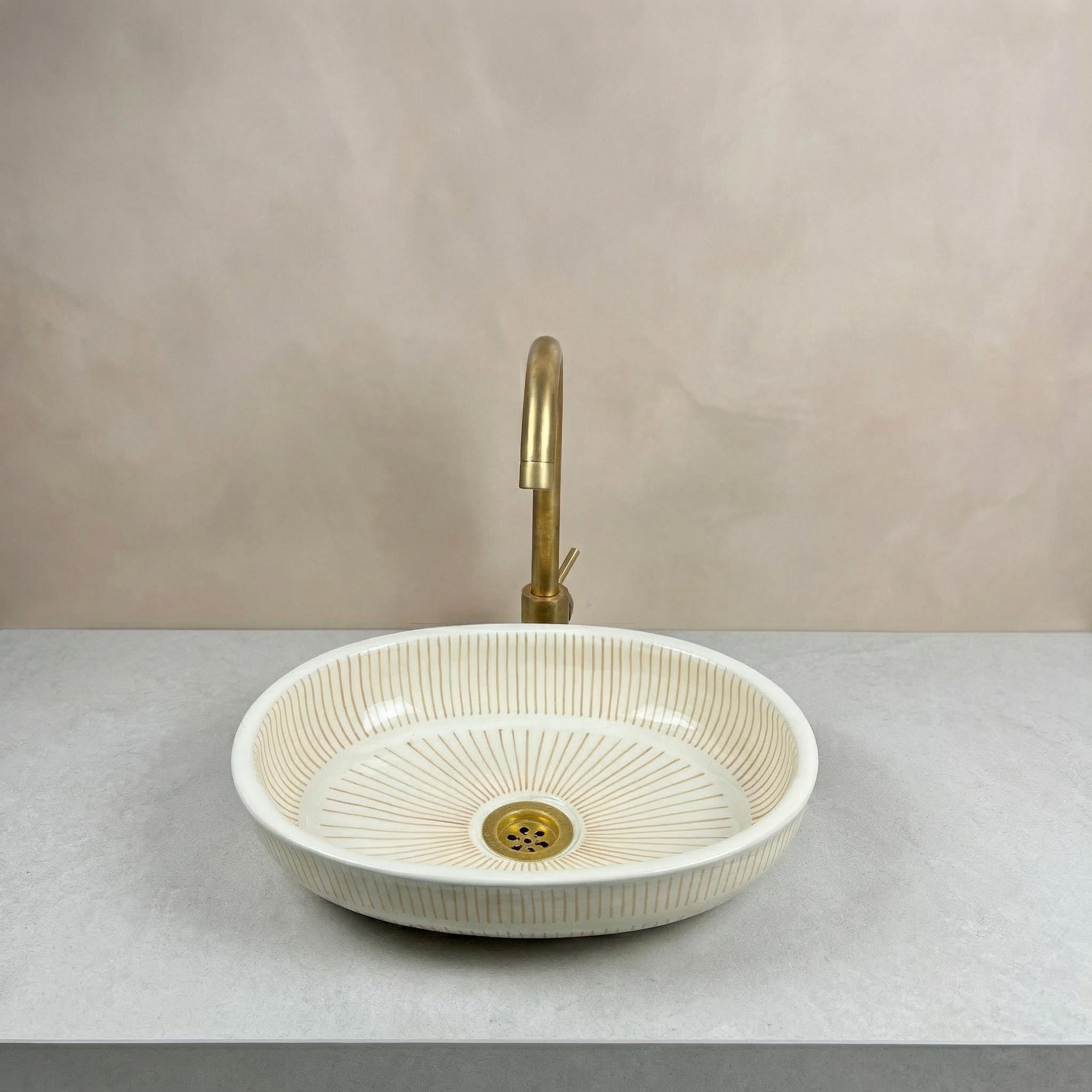 Fes Ceramic Washbasin' Oval Moroccan Vessel Sink, Handmade 40 cm Brass Drain