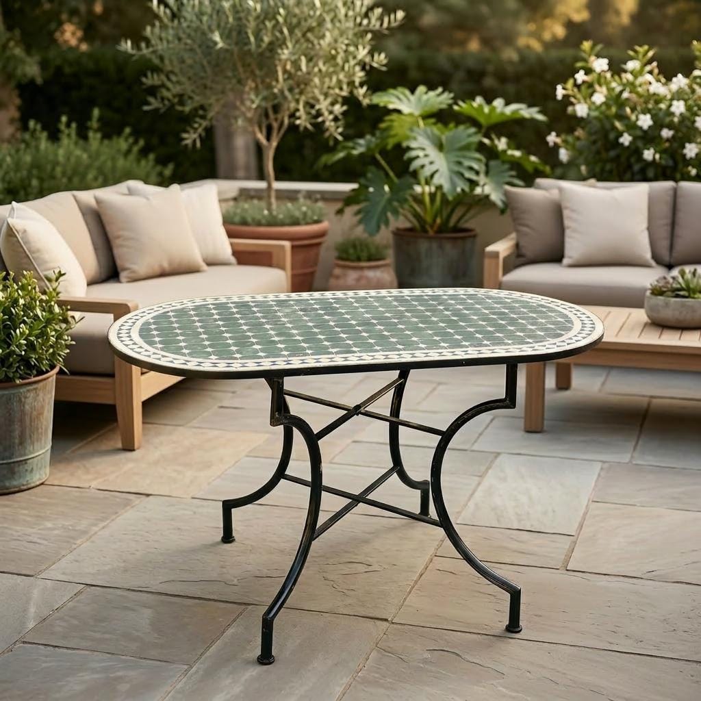 Moroccan Mosaic Table, Handmade Zellige Tile Top, Iron Legs, 36 In