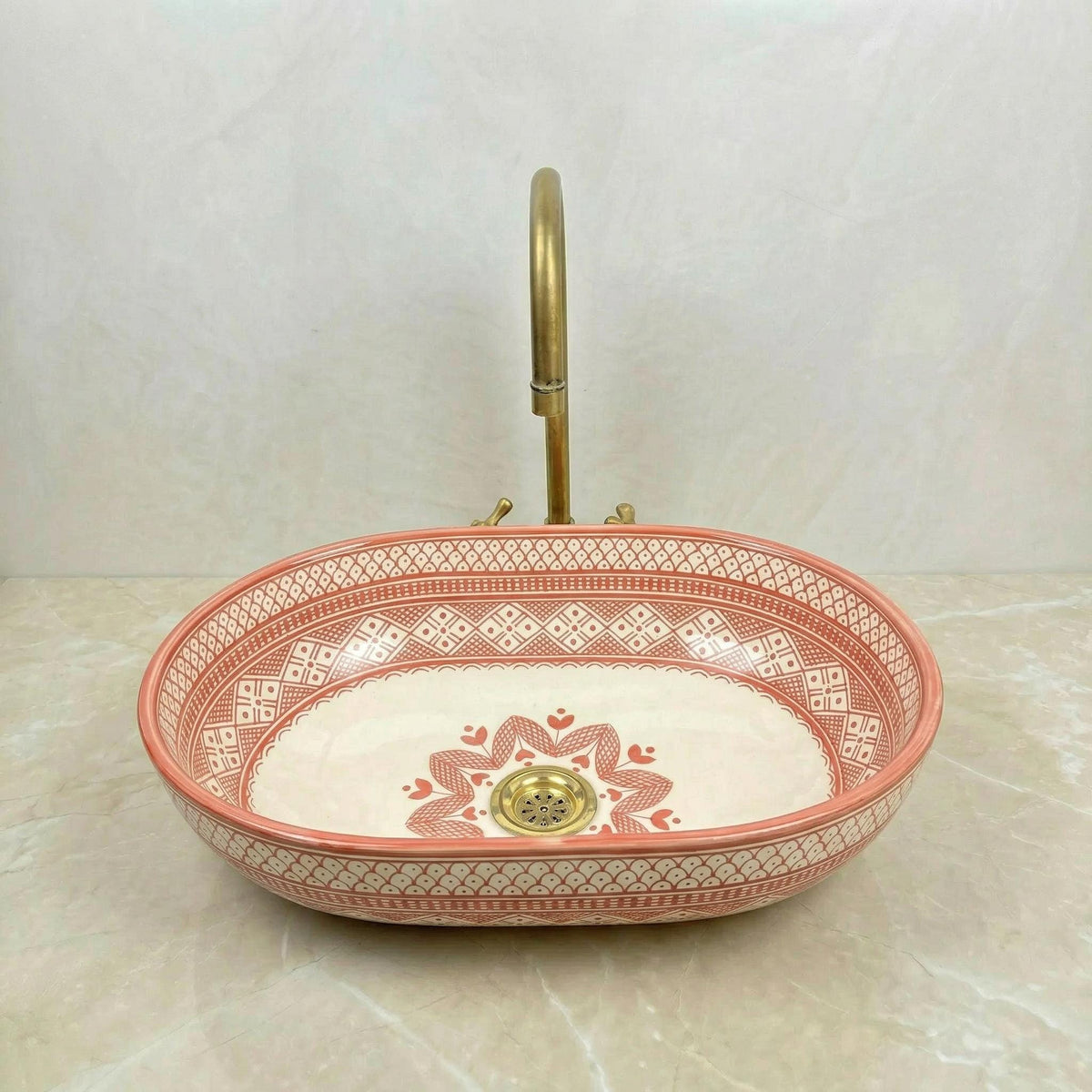 Moroccan Ceramic Vessel Sink, Oval Green Fishscale, Free Drain