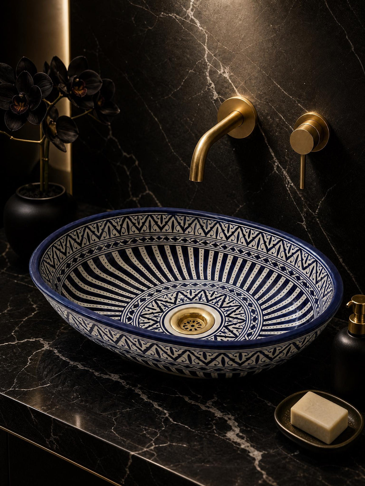 Moroccan Ceramic Sink, Black Oval Ceramic Washbasin, Handmade Fes