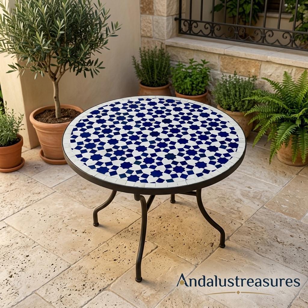 May include: Round outdoor table with a mosaic tile top featuring a blue and white star pattern. The table has a dark metal frame and legs. The table is approximately 24 inches in diameter.
May include: A set of three ceramic nesting bowls in shades of blue, green, and white. The bowls feature a speckled glaze and a simple, modern design. The largest bowl measures approximately 6 inches in diameter.