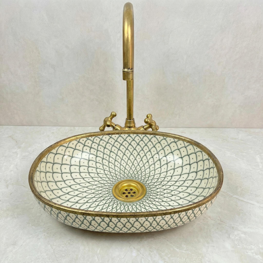Handmade Ceramic Vessel Sink, Oval Teal Green, Gloss Porcelain New