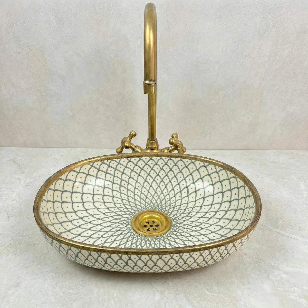 Handmade Ceramic Vessel Sink, Oval Teal Green, Gloss Porcelain New