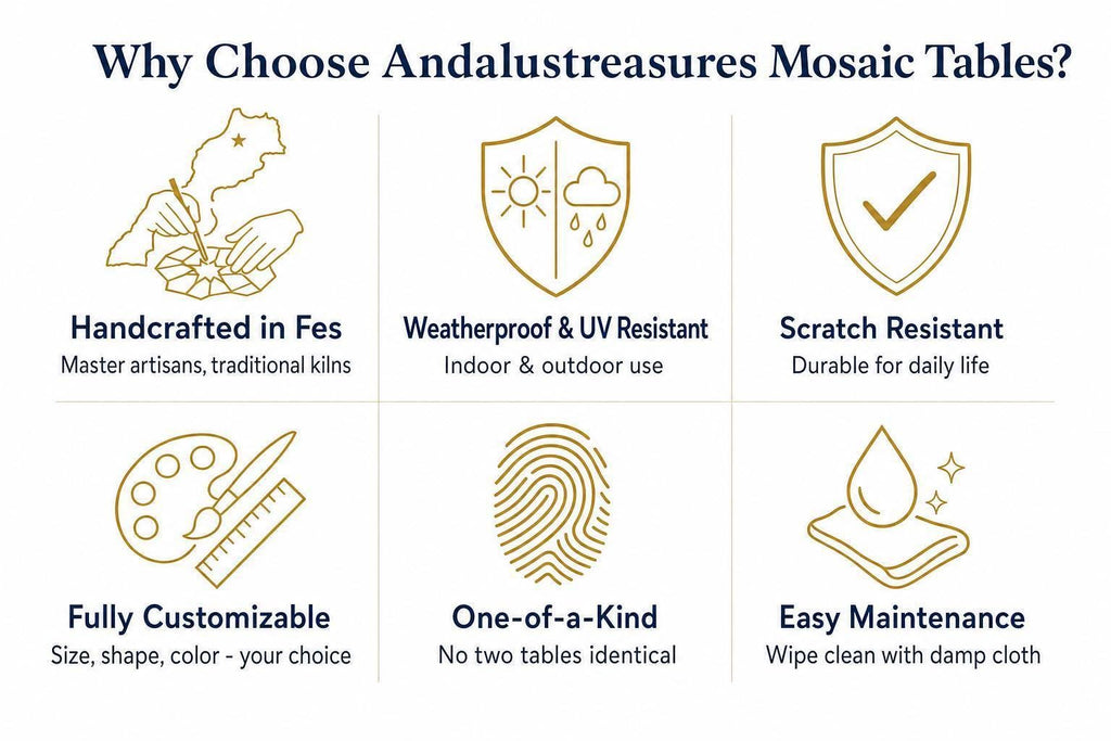 The image is a visual representation of the benefits of choosing and using mosaic tables, featuring six different types of mosaic tables with corresponding benefits.