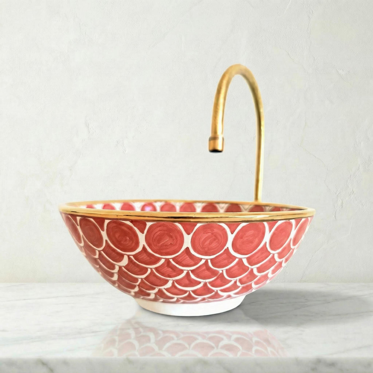 Moroccan Vessel Sink, Coral Pink Porcelain Basin, 14Kt Gold Rims.