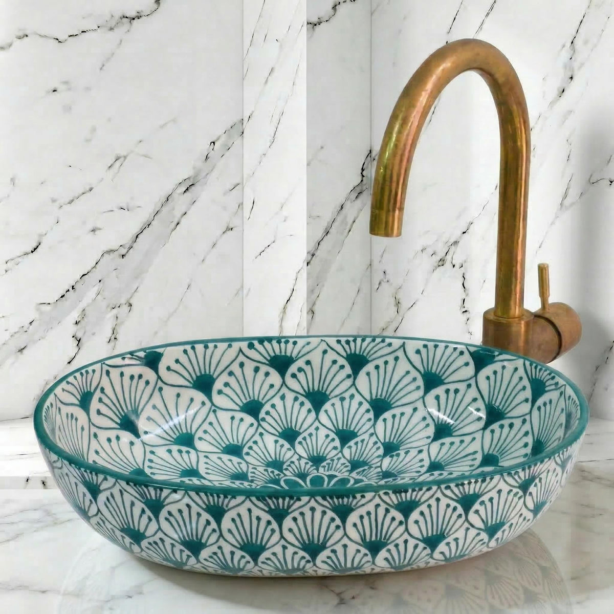 Moroccan Vanity Sink, Turquoise Oval Porcelain Vessel Basin, 18in