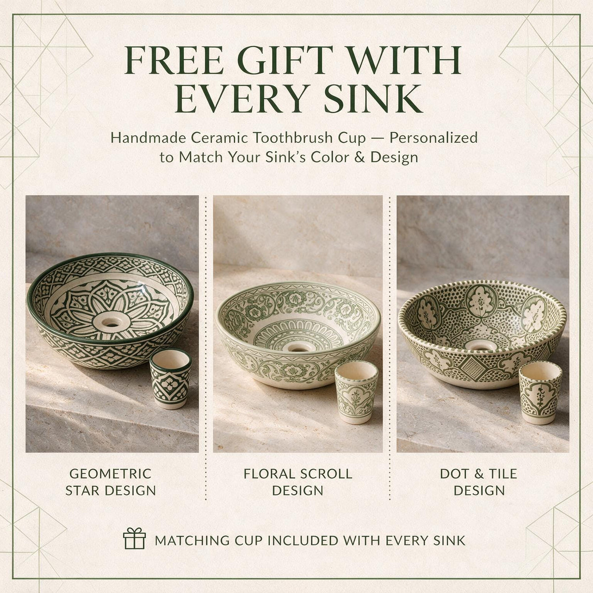 Ceramic Vessel Sink, Moroccan Hand-Painted Sage Green Basin, 12".