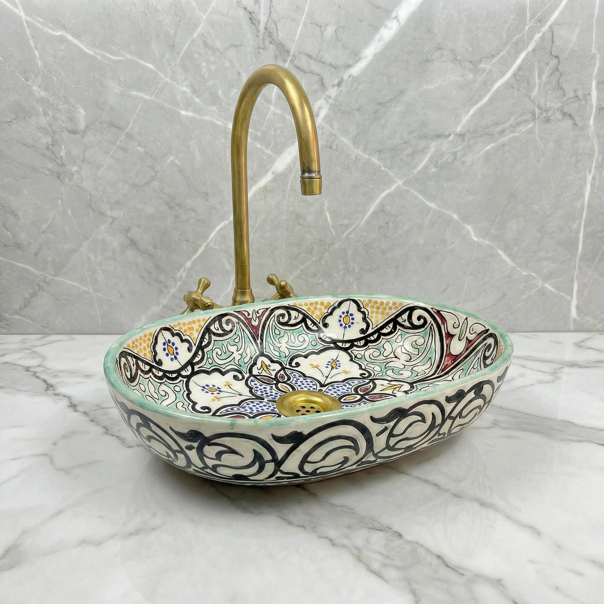 Moroccan Ceramic Vessel Sink, Oval Ceramic Basin 40cm Brass Drain