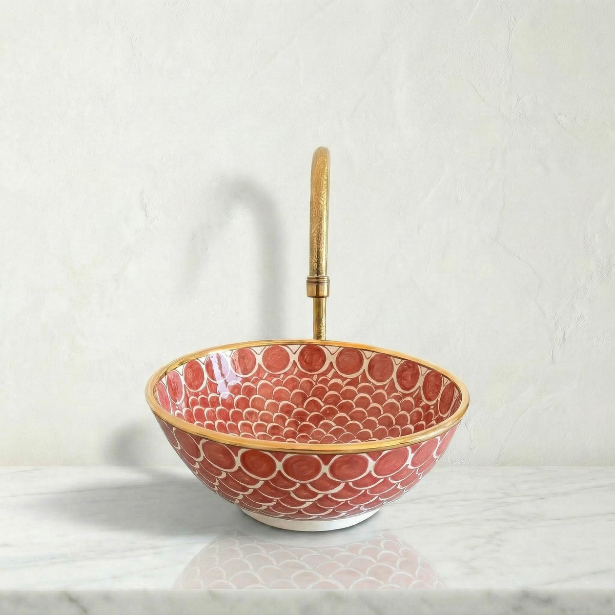 Moroccan Vessel Sink, Coral Pink Porcelain Basin, 14Kt Gold Rims.