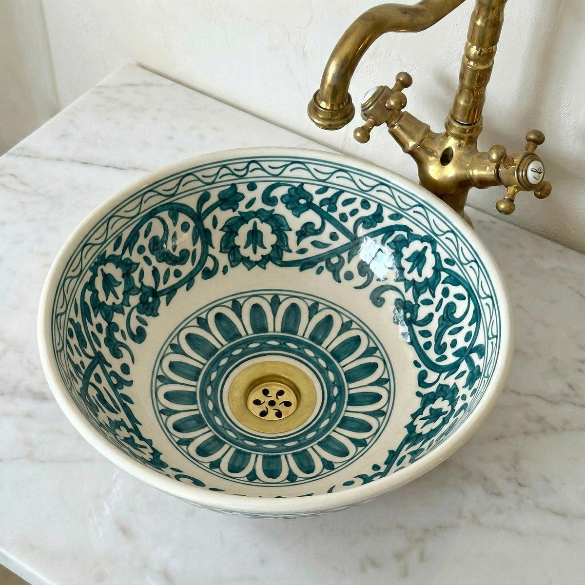 Ceramic Vessel Sink, Burgundy Hand-Painted Moroccan, 12" Diameter