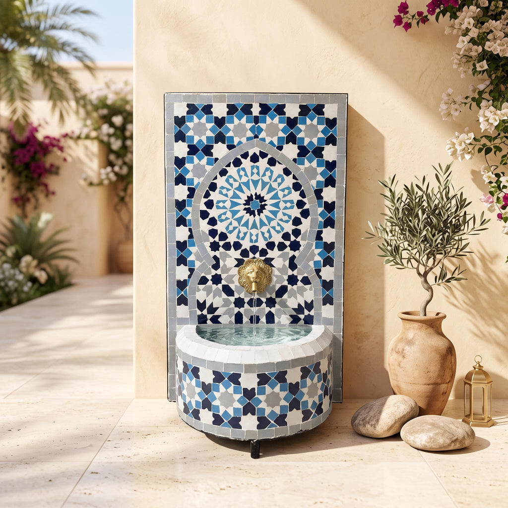 a decorative fountain with a blue and white tile design, situated in a garden setting with potted plants and rocks.