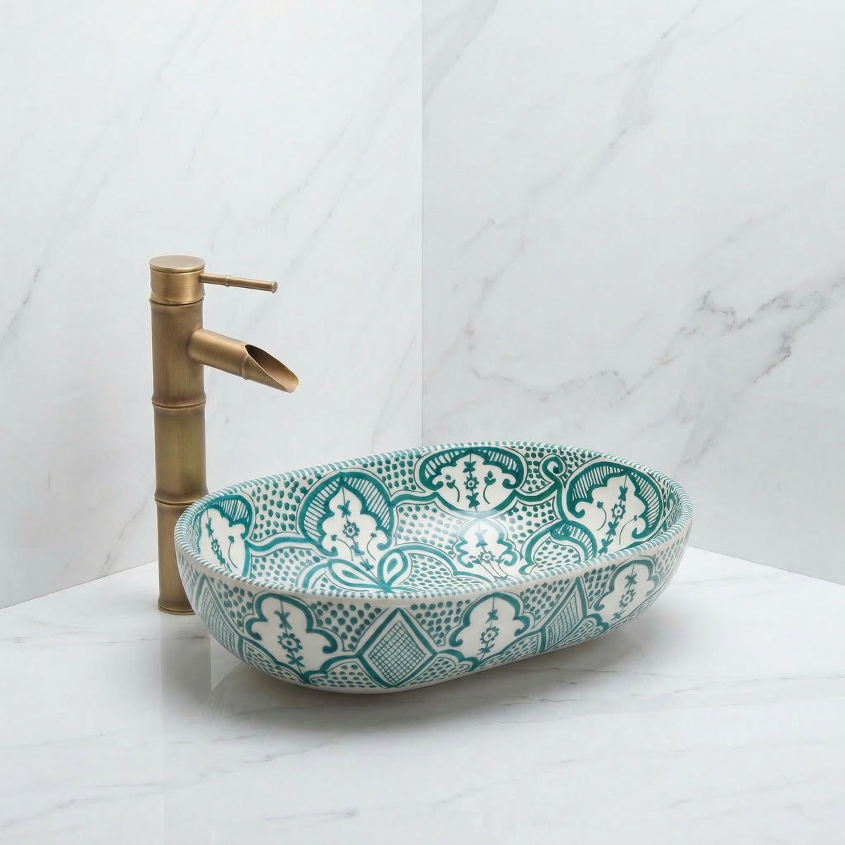 moroccan ceramic vessel sink, Sage Oval Handmade 38cm Brass Drain