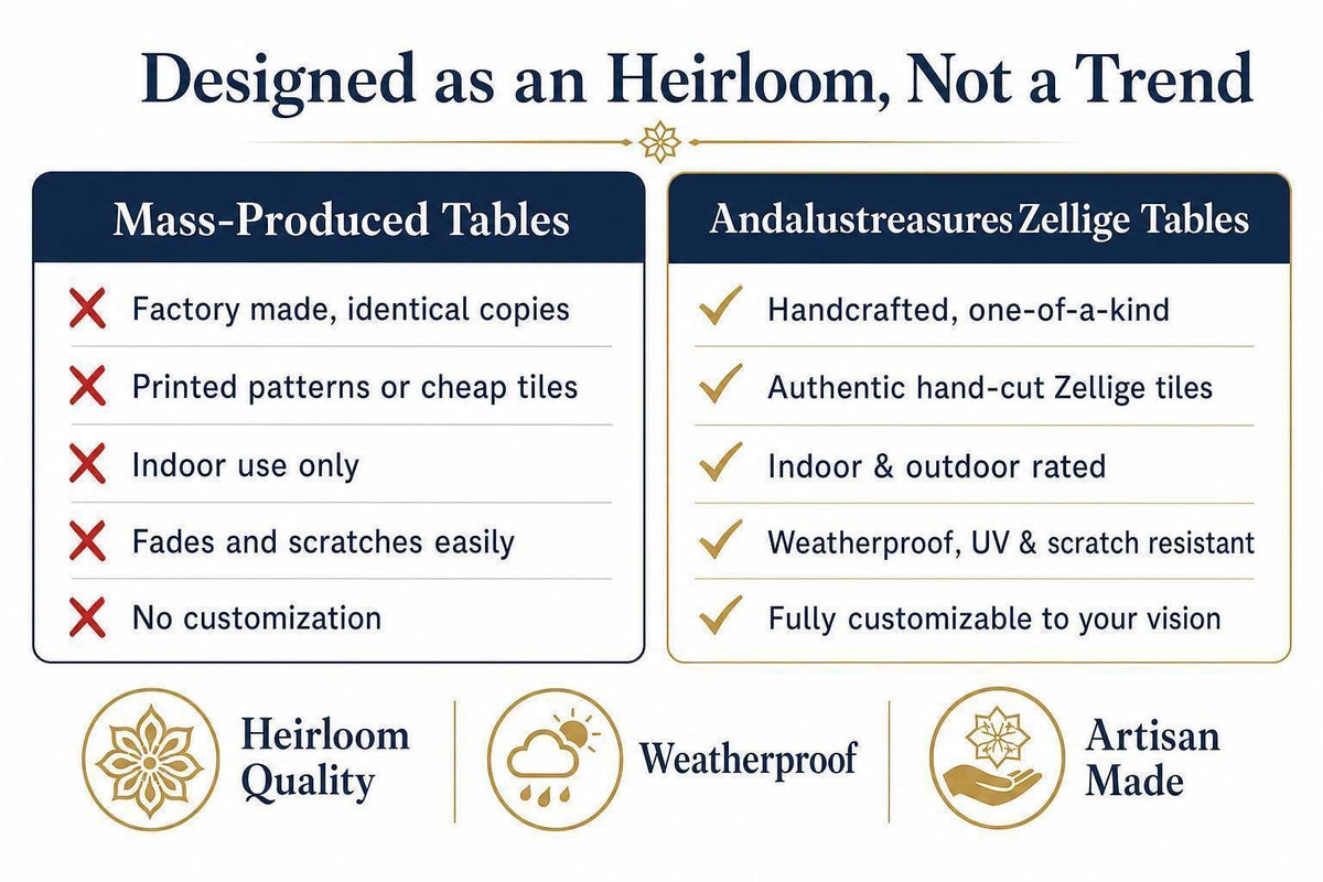 The image is a comparison between mass-produced tables and handcrafted, one-of-a-kind Zelliges tables. It highlights the differences in quality, craftsmanship, and customization between the two types of tables.