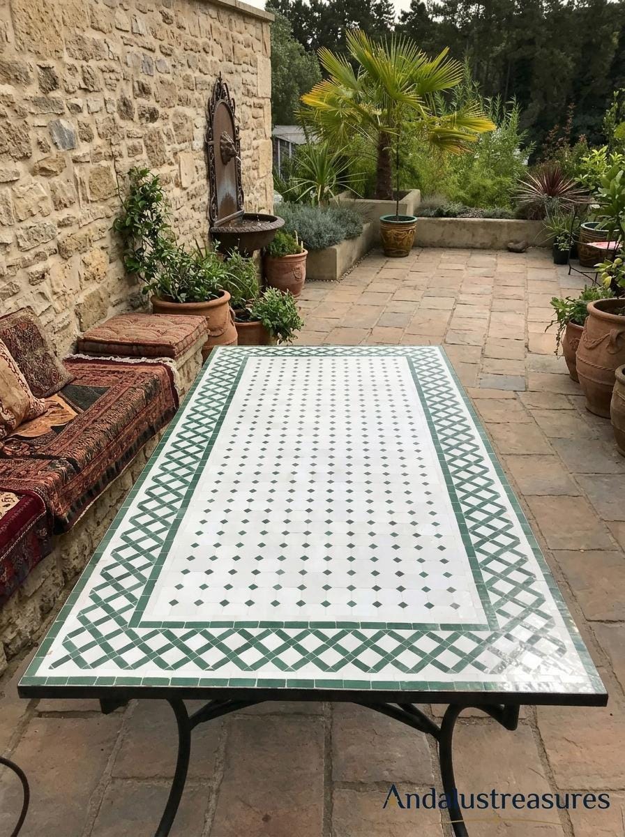 Moroccan Mosaic Table, Round Zellige Tile Powder-Coated Iron Base