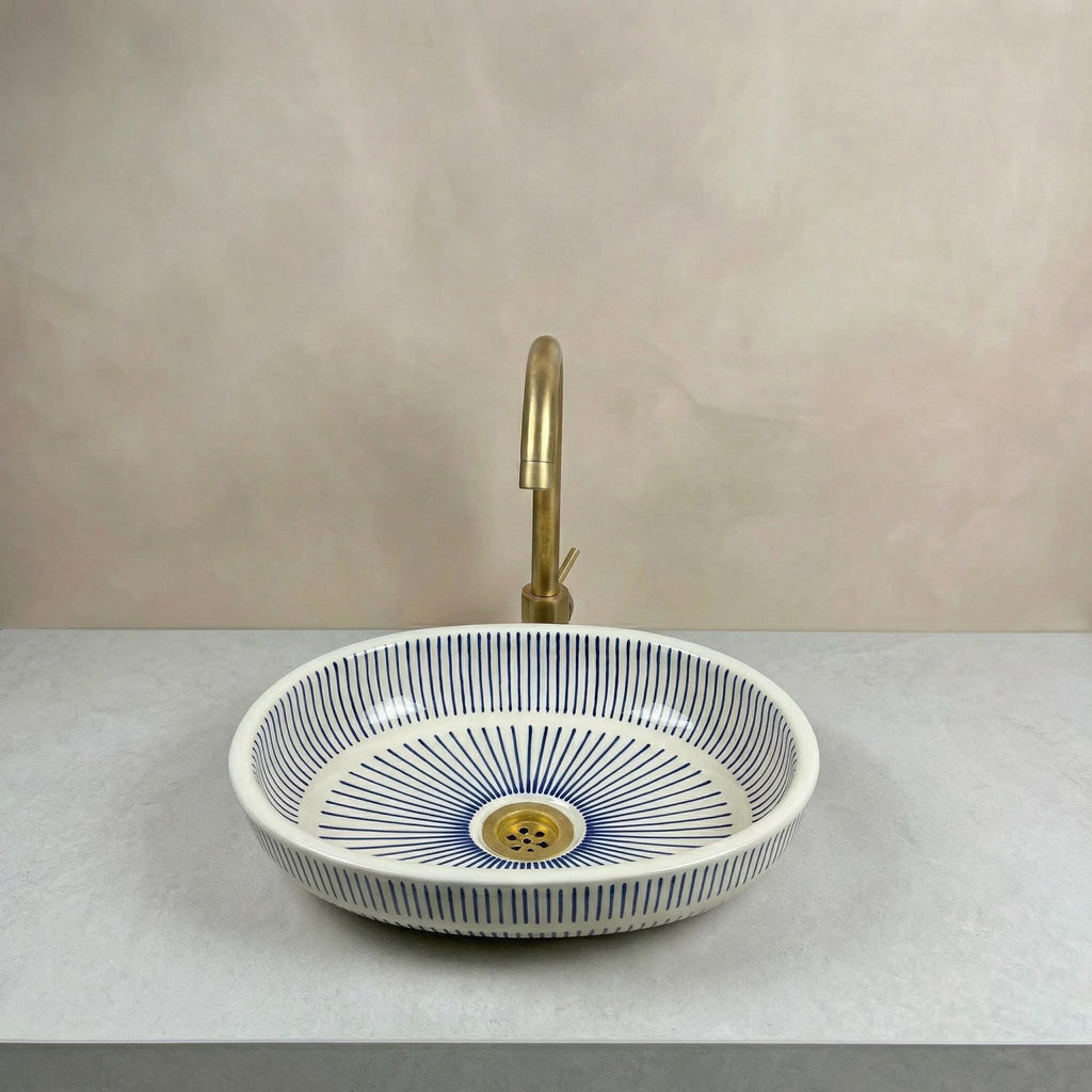Fes Ceramic Washbasin' Oval Moroccan Vessel Sink, Handmade 40 cm Brass Drain