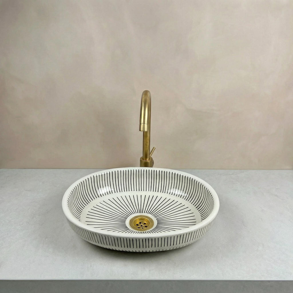 Fes Ceramic Washbasin' Oval Moroccan Vessel Sink, Handmade 40 cm Brass Drain