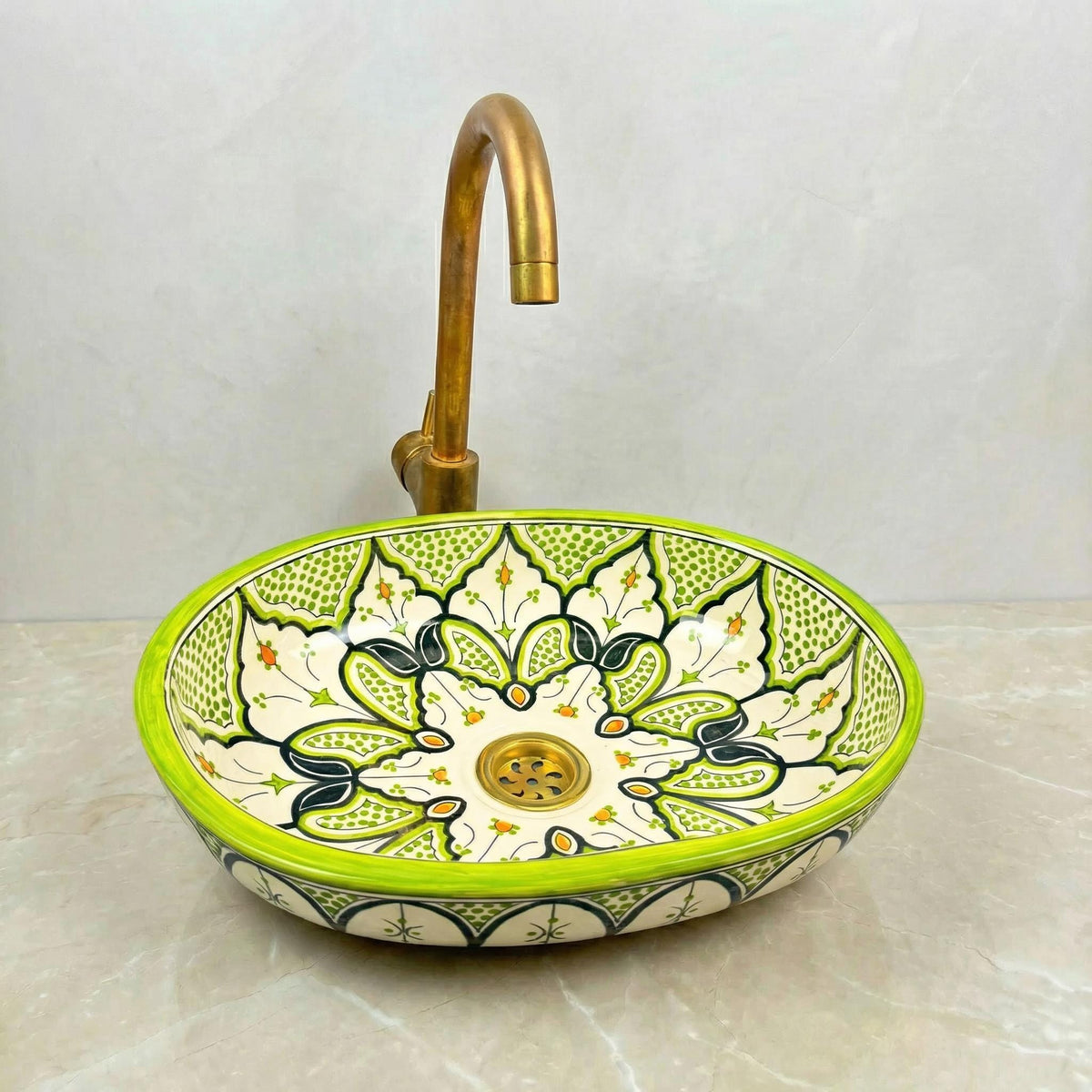 Moroccan Vessel Sink, Oval Turquoise Floral Handmade Basin, 36 Cm