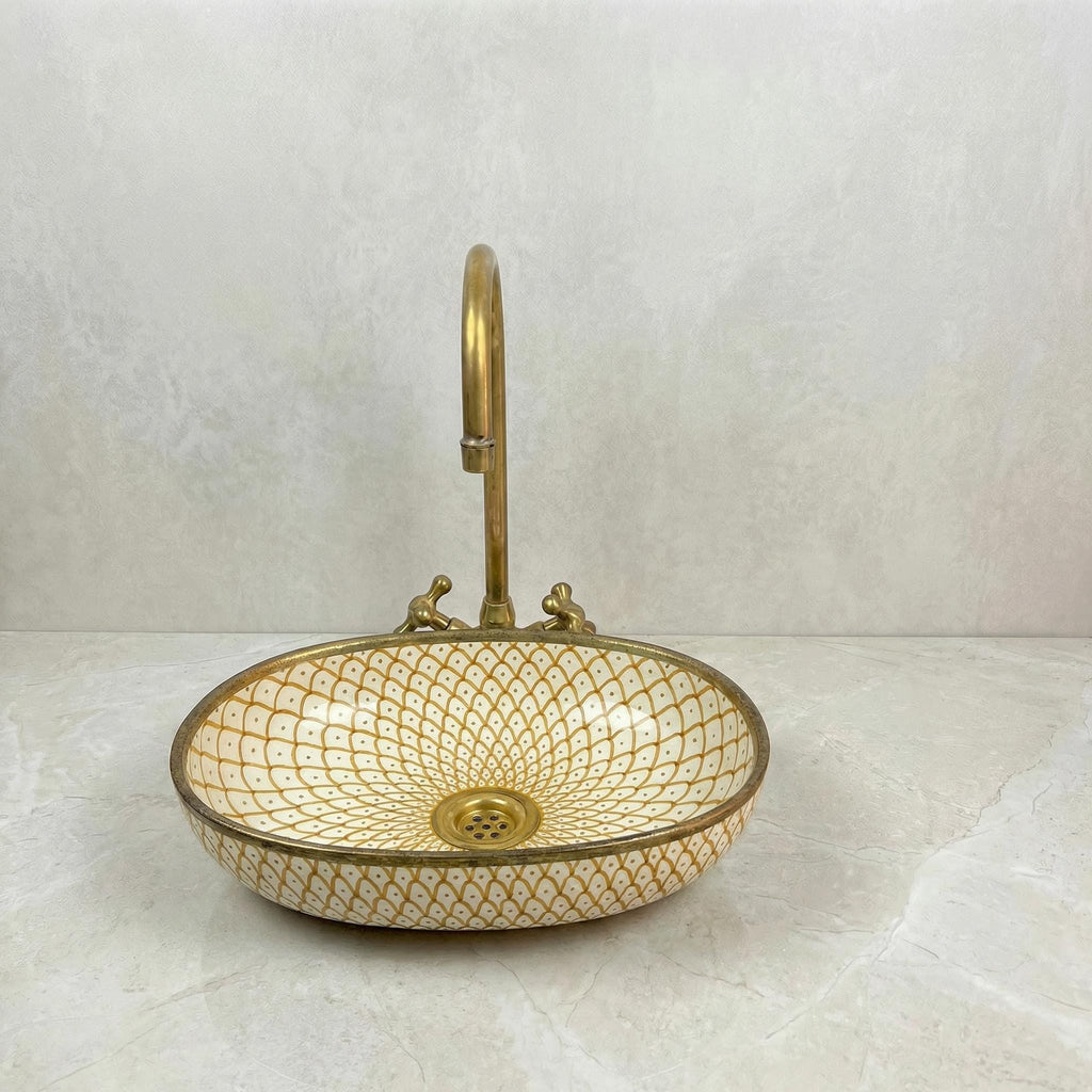 Oval Vessel Bath Sink, Hand-Made Porcelain Moroccan, Glossy 16x12