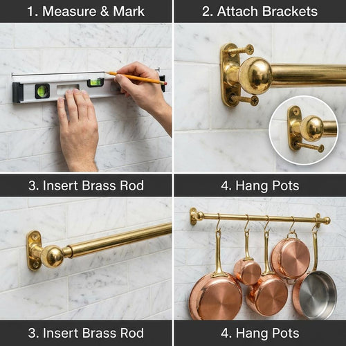 Brass Kitchen Pot Rail Twisted Unlacquered Brass Rod 1/2 In Hooks