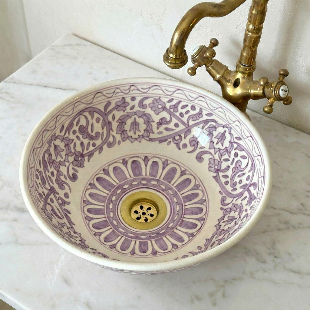 Ceramic Vessel Sink, Burgundy Hand-Painted Moroccan, 12" Diameter