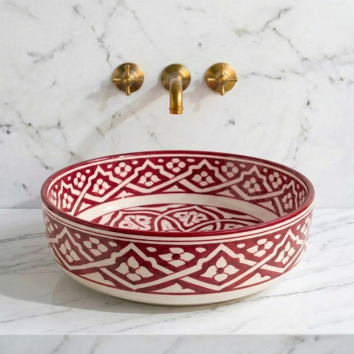 Ceramic Vessel Sink, Moroccan Hand-Painted Sage Green Basin, 12".