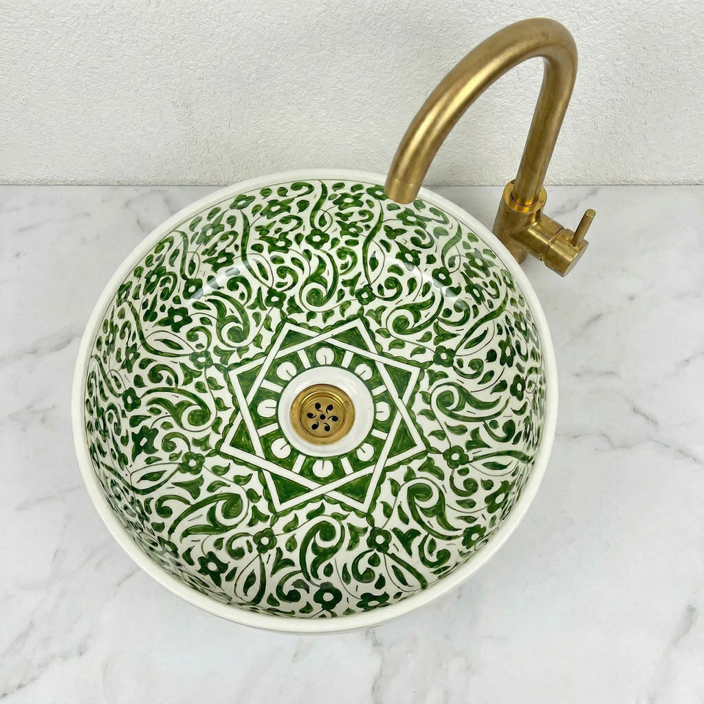 Sage Green Vessel Sink, Hand-Painted Moroccan Ceramic, 12 Inch XL