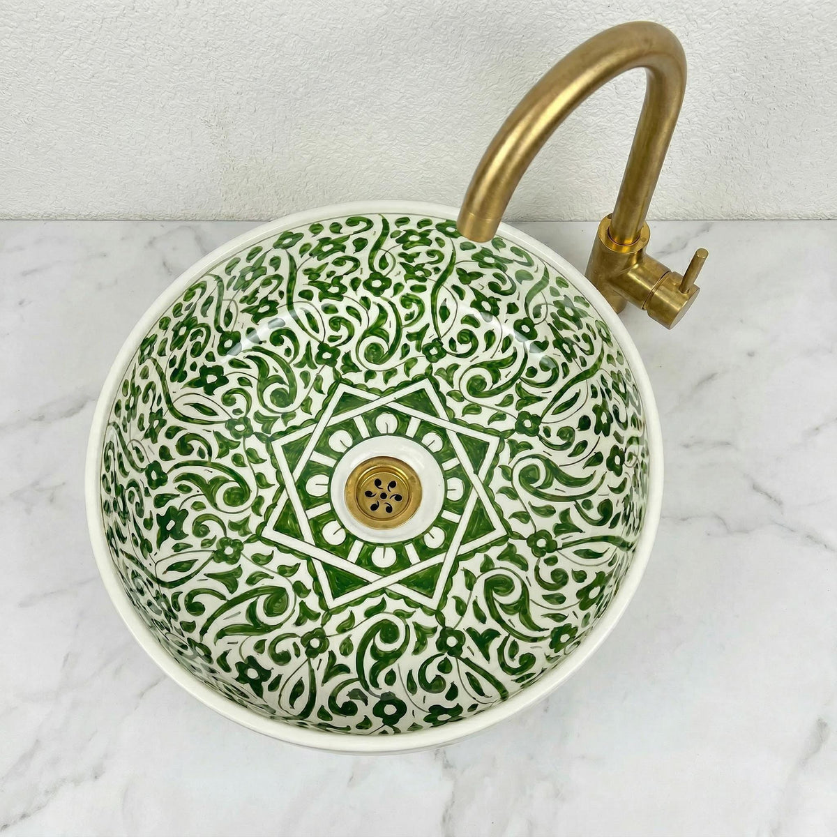 Sage Green Vessel Sink, Hand-Painted Moroccan Ceramic, 12 Inch XL