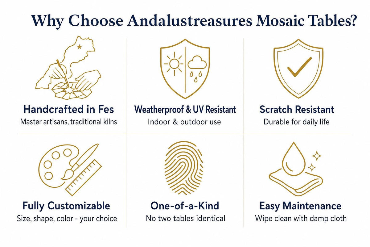 The image is a visual representation of the benefits of choosing and using mosaic tables, featuring six different types of mosaic tables with corresponding benefits.