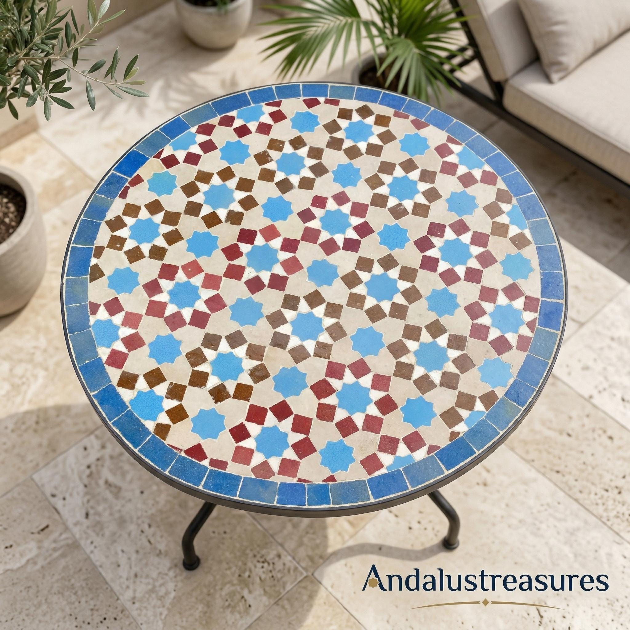 Moroccan Mosaic Coffee Table, Handmade Zellige Tile Top, 12–48 In