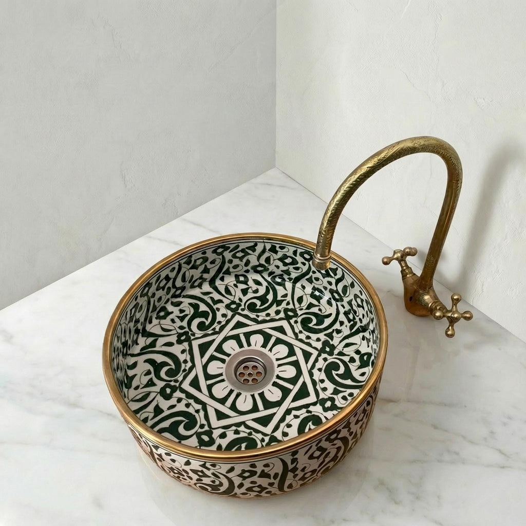 Moroccan Vessel Sink, Emerald Green Oval Ceramic 3.5" Brass Drain