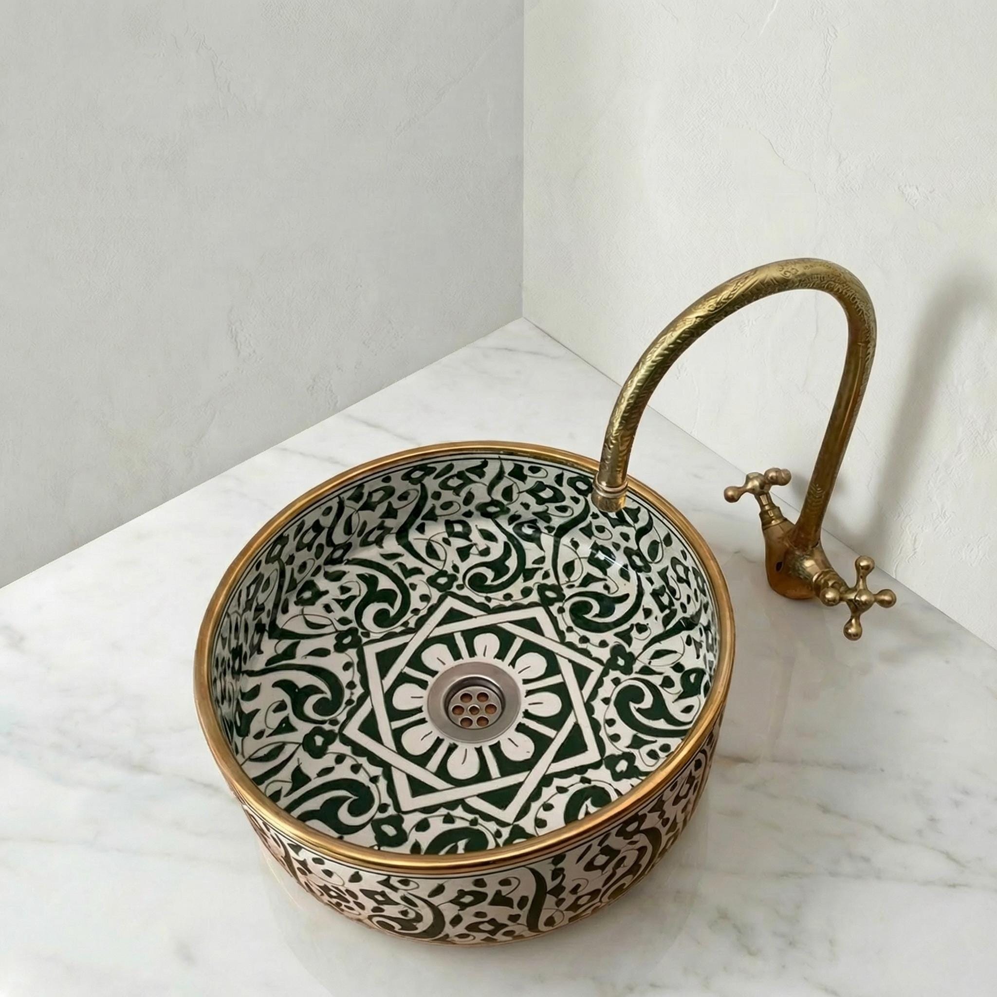 Moroccan Vessel Sink, Emerald Green Oval Ceramic 3.5" Brass Drain