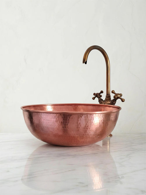 Hammered Brass Sink, Moroccan Artisan Vanity Basin, Uncoated 16in