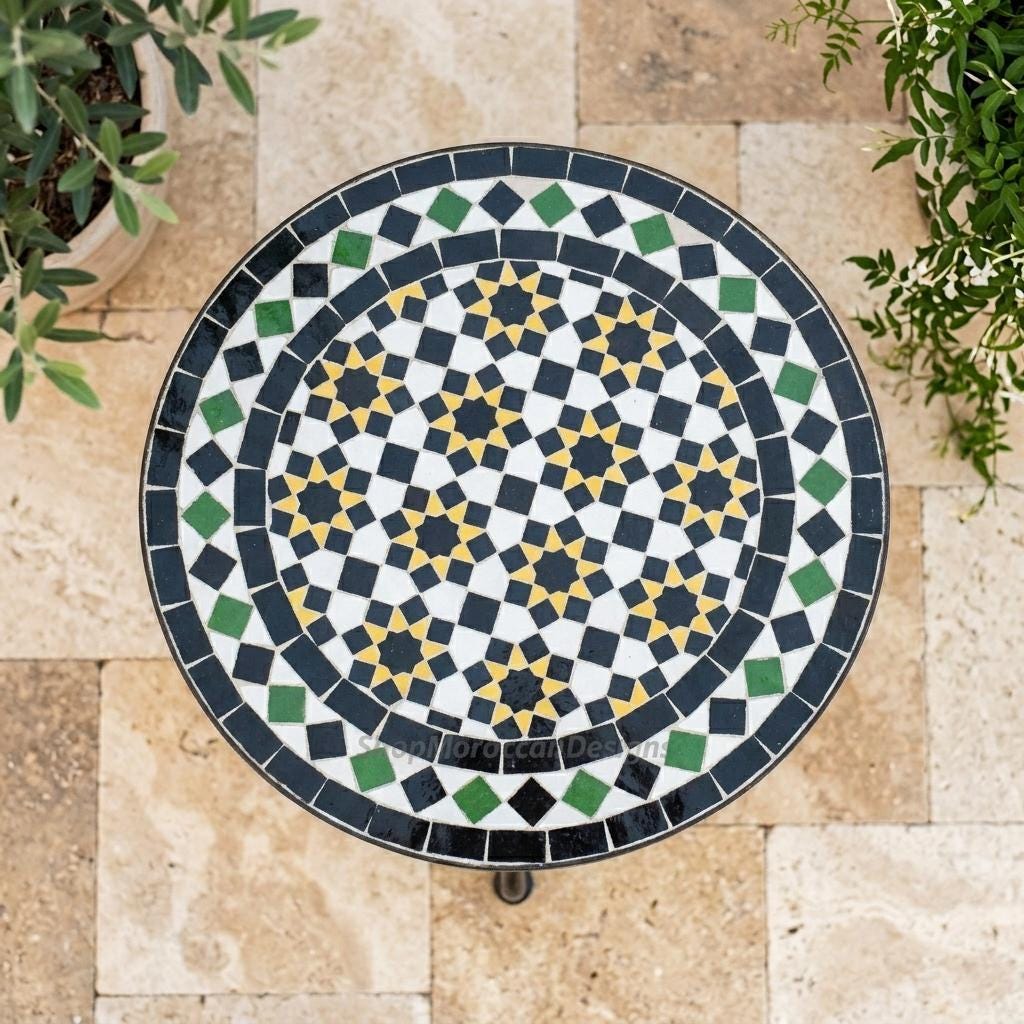 Moroccan Zellige Table', Handmade Mosaic Top, 12-48 In, Iron Base