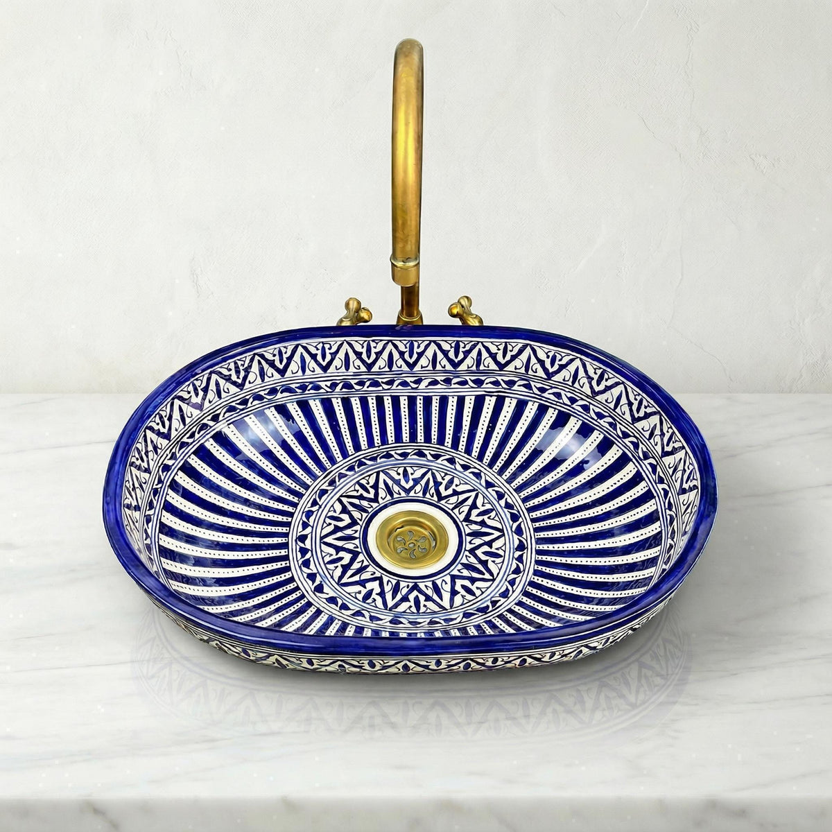 moroccan vessel sink, Oval Blue White Ceramic Basin 40cm From Fes