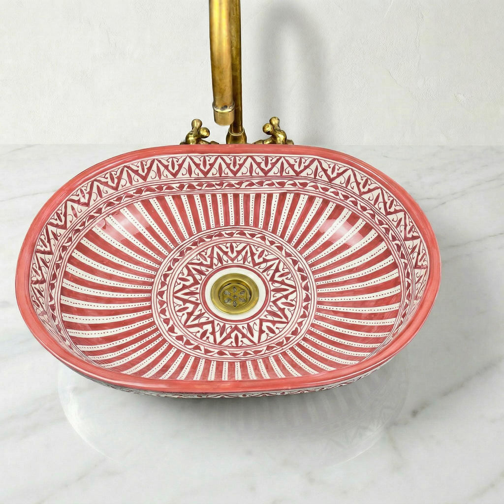 Moroccan Ceramic Vessel Sink, Coral Pink Oval, Free Drain Gift XL