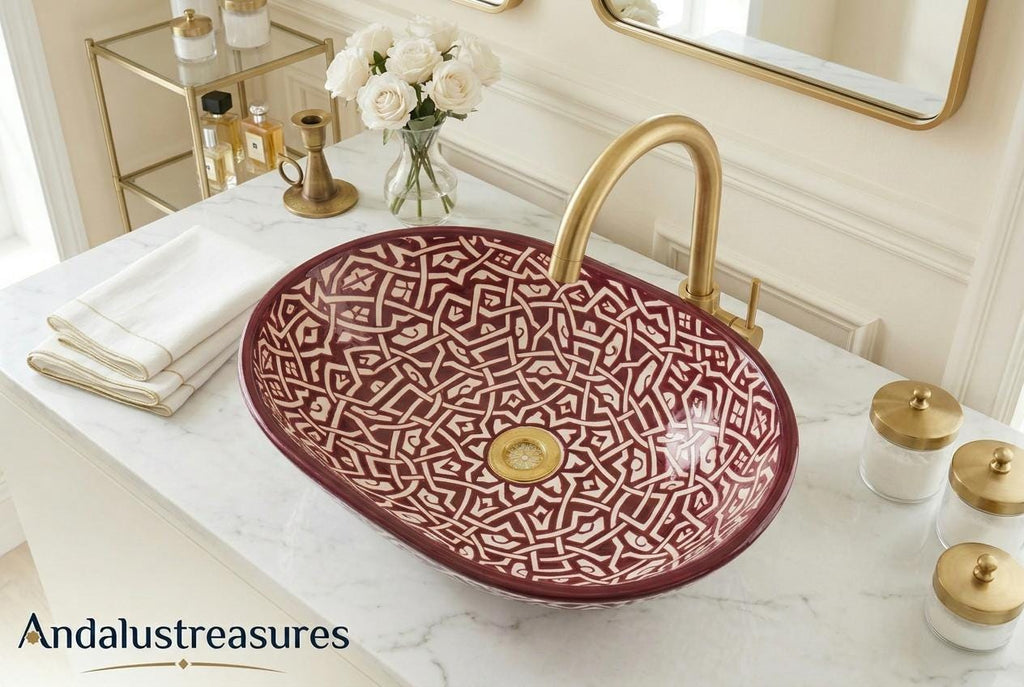 Green Moroccan Vessel Sink, Handcrafted Oval Porcelain Basin 40cm