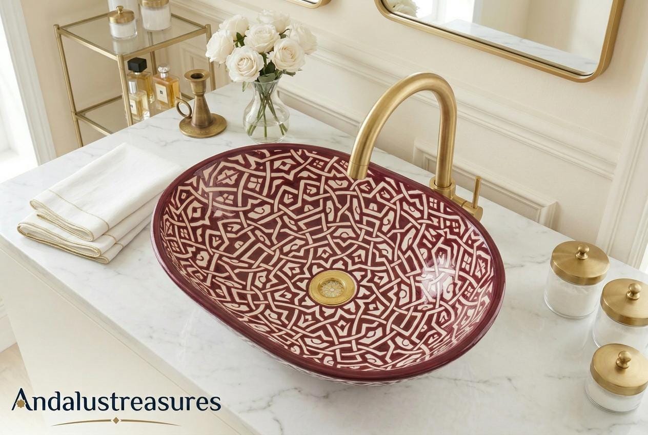 Green Moroccan Vessel Sink, Handcrafted Oval Porcelain Basin 40cm