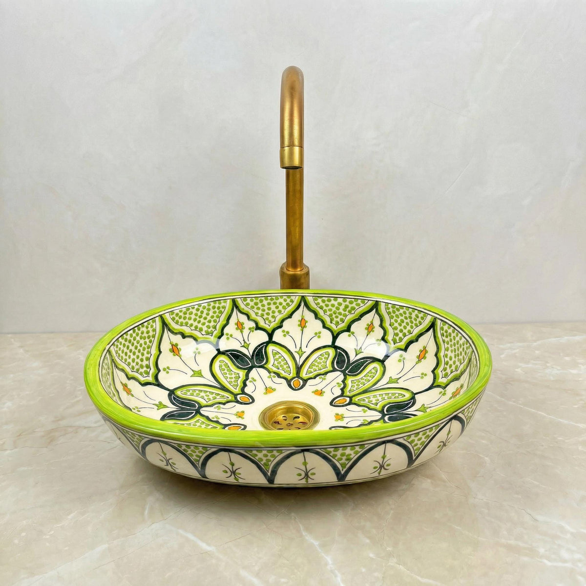 Moroccan Vessel Sink, Oval Turquoise Floral Handmade Basin, 36 Cm