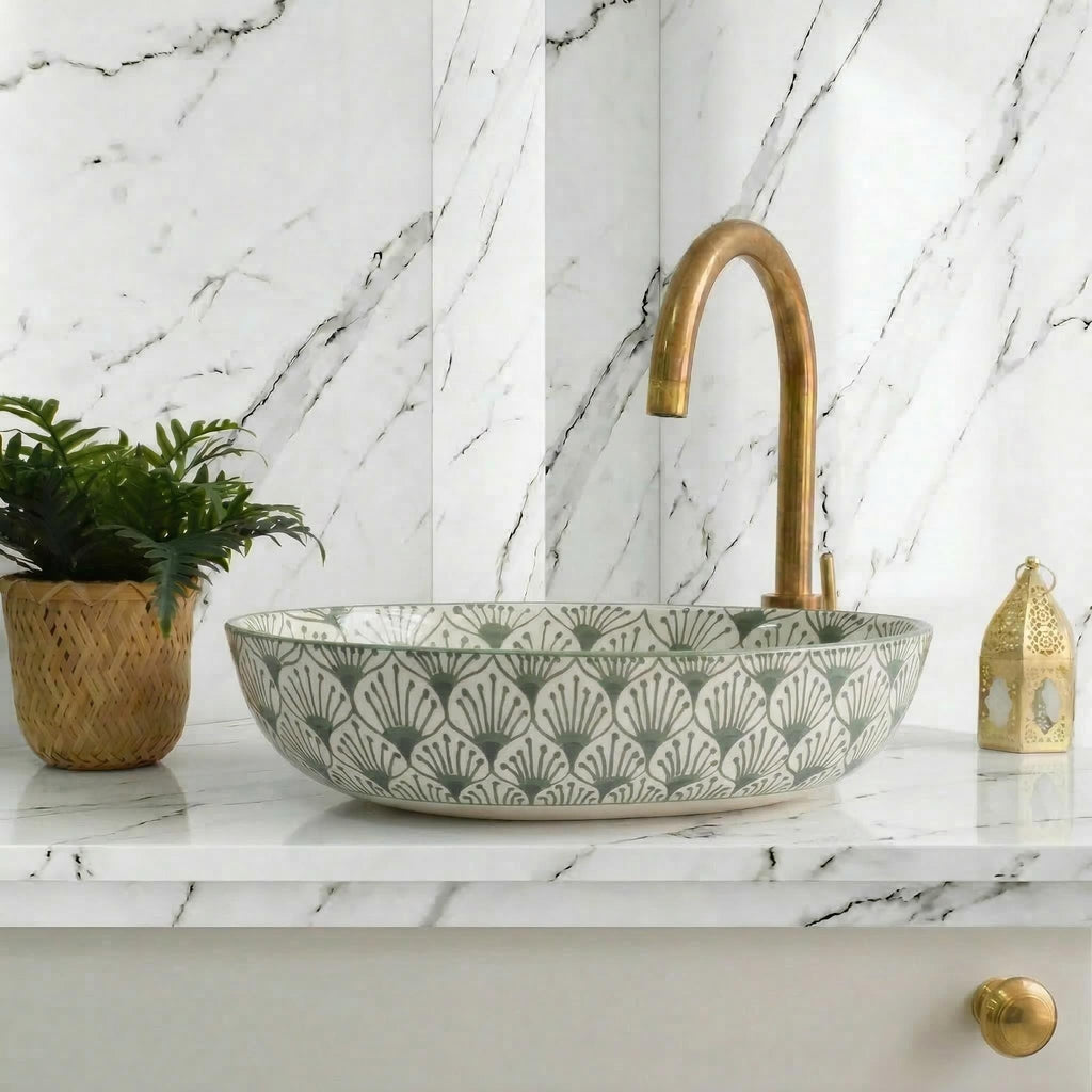 Moroccan vessel sink, Oval Ceramic 32-48 cm Emerald, Brass Drain