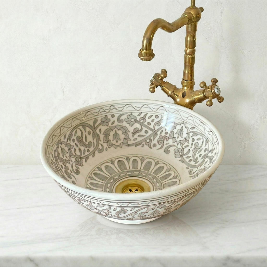 Sage Green Vessel Sink, Hand-Painted Ceramic Marble Finish, 8" Dia