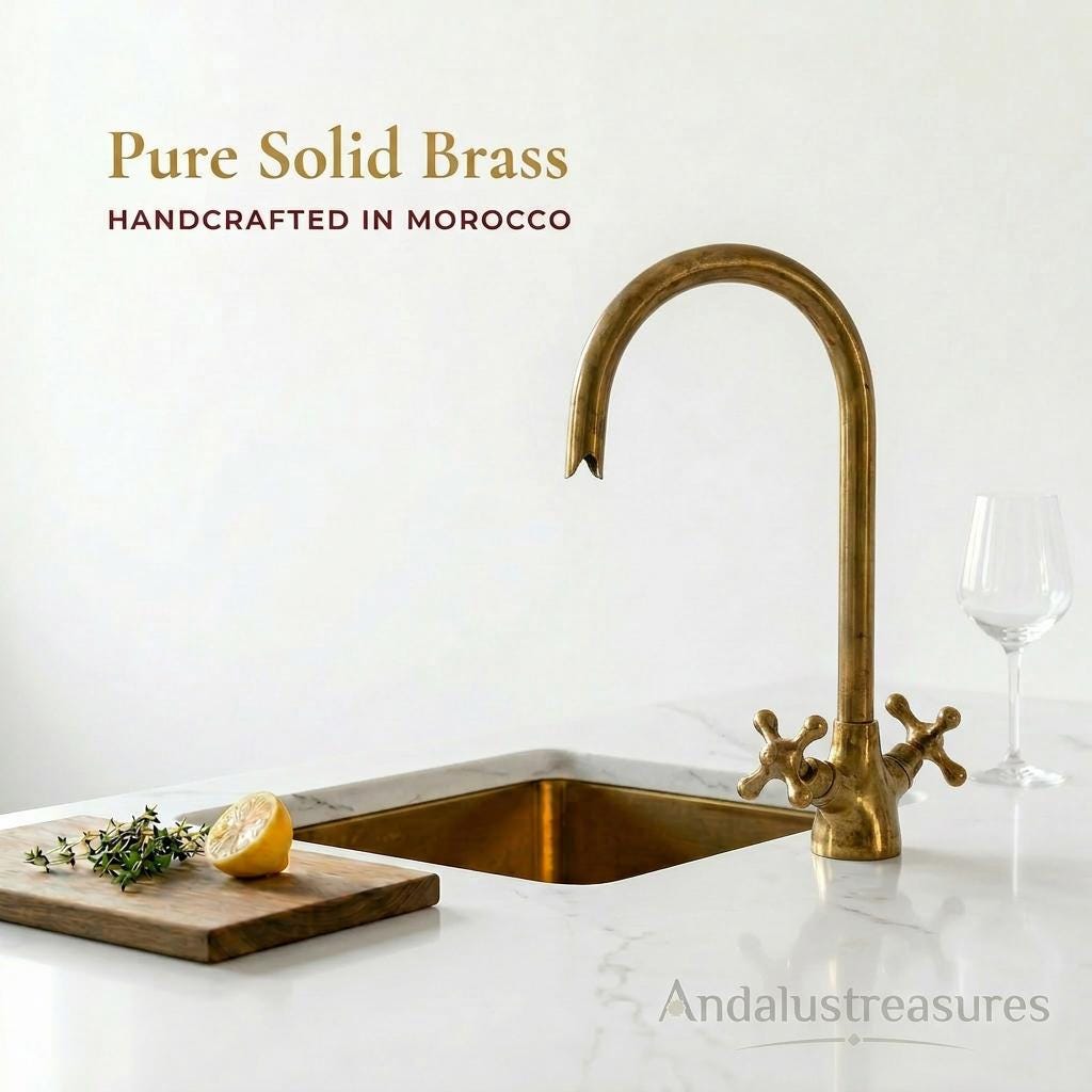 Brass Double Handle Faucet, High-Arc Gooseneck, Solid Brass Aged.