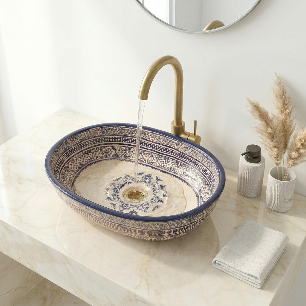 Moroccan Ceramic Vessel Sink, Oval Green Fishscale, Free Drain